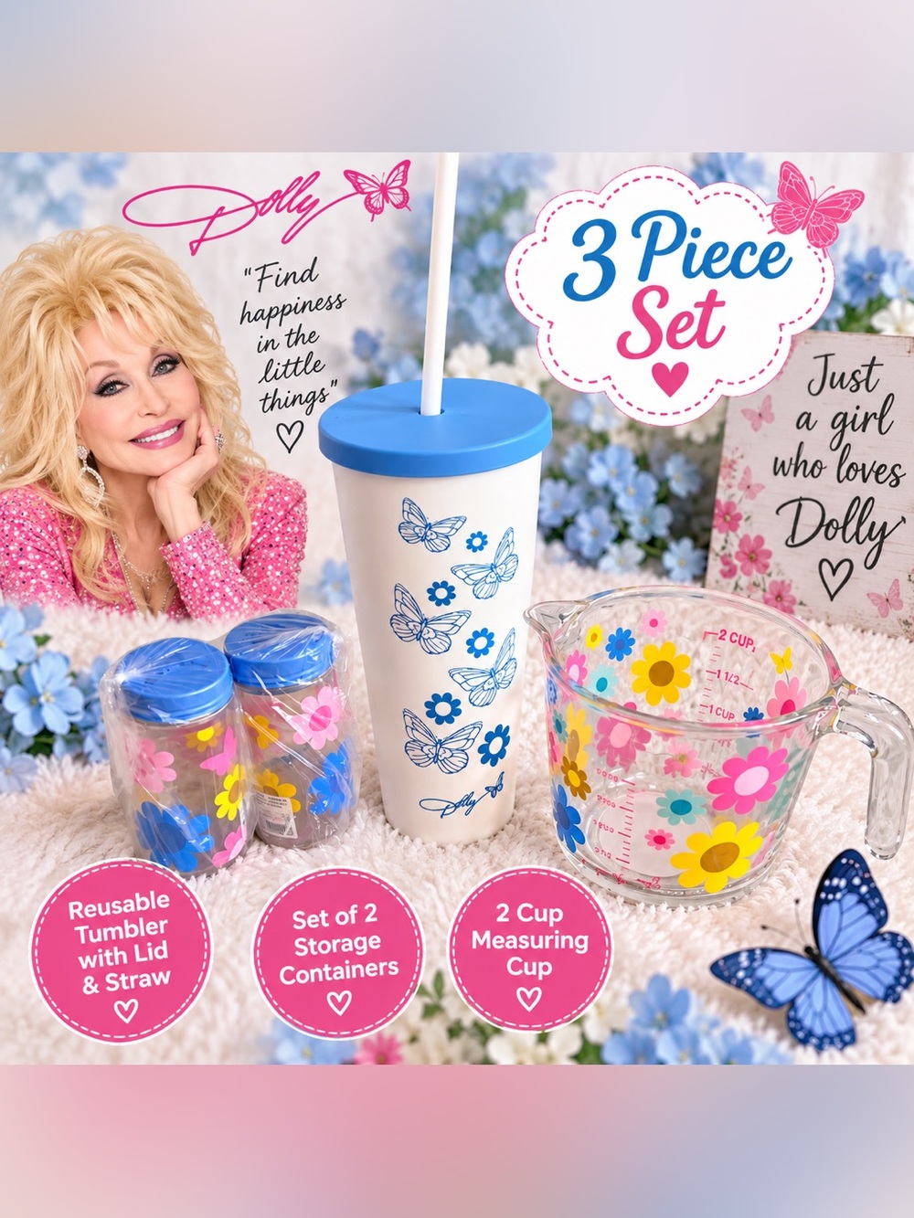 Dolly Parton Blue and Pink Floral Butterfly 4-Piece set NWT